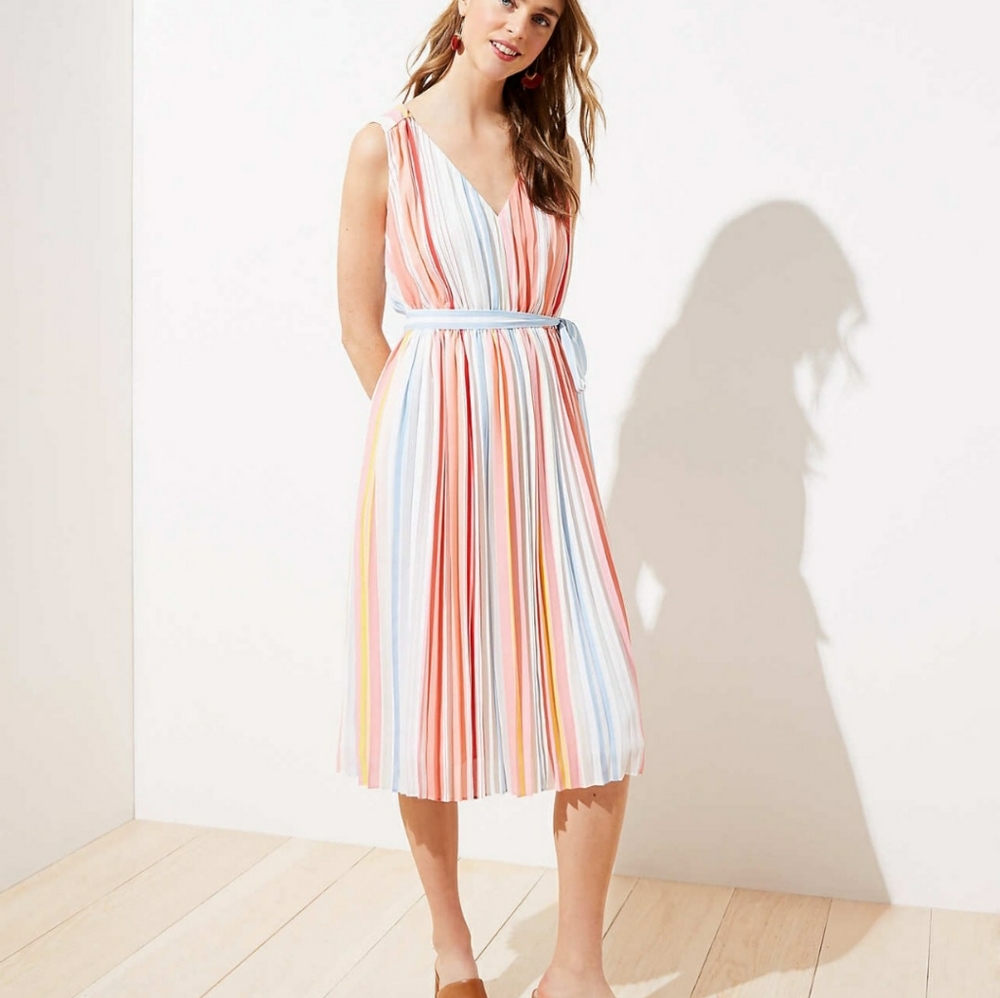 Striped pleated tie waist midi dress NWT